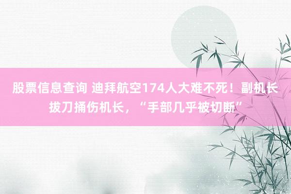 股票信息查询 迪拜航空174人大难不死！副机长拔刀捅伤机长，“手部几乎被切断”